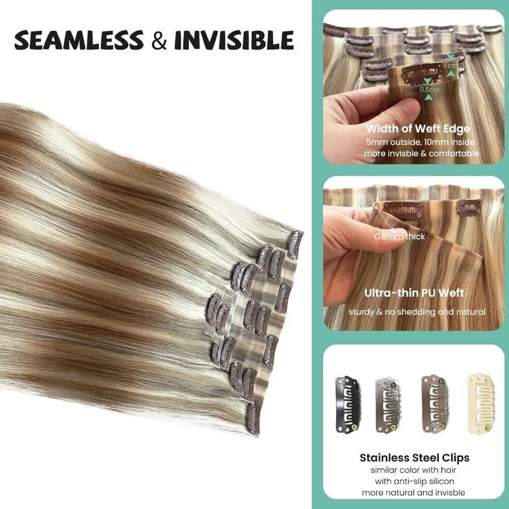 Seamless Clip in Hair Extensions Human Hair Blonde Balayage 18 Inch